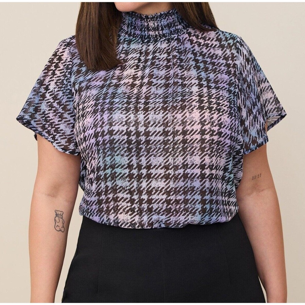 NEW Torrid Chiffon Mock Neck Flutter Sleeve Top Houndstooth Plaid Women 2X Multi